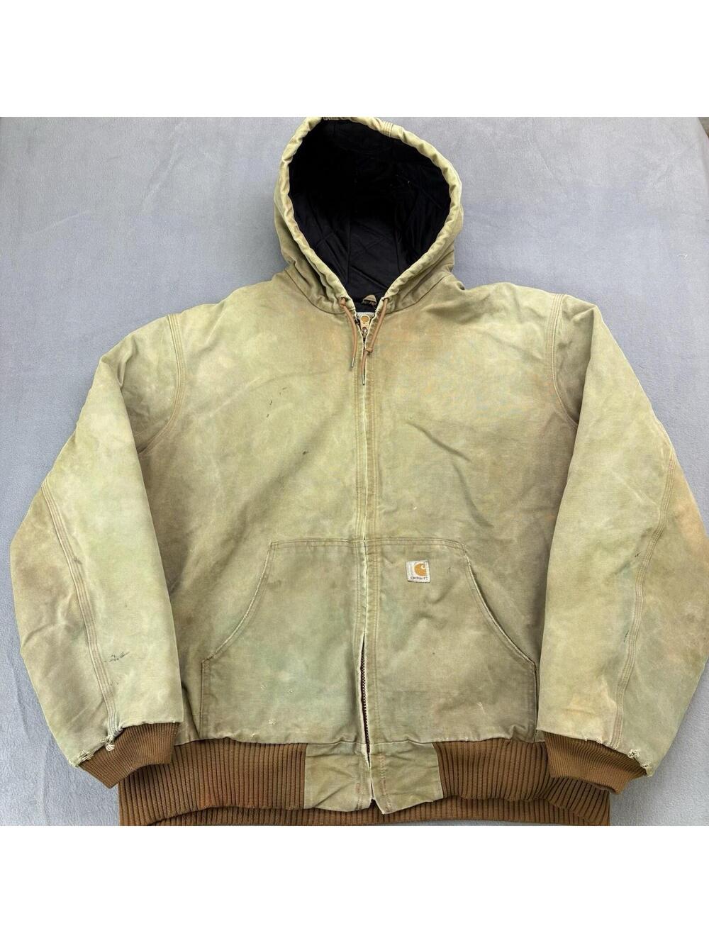 Vintage Carhartt Hooded Canvas Jacket J140 Size 2XL Overdyed Green Workwear